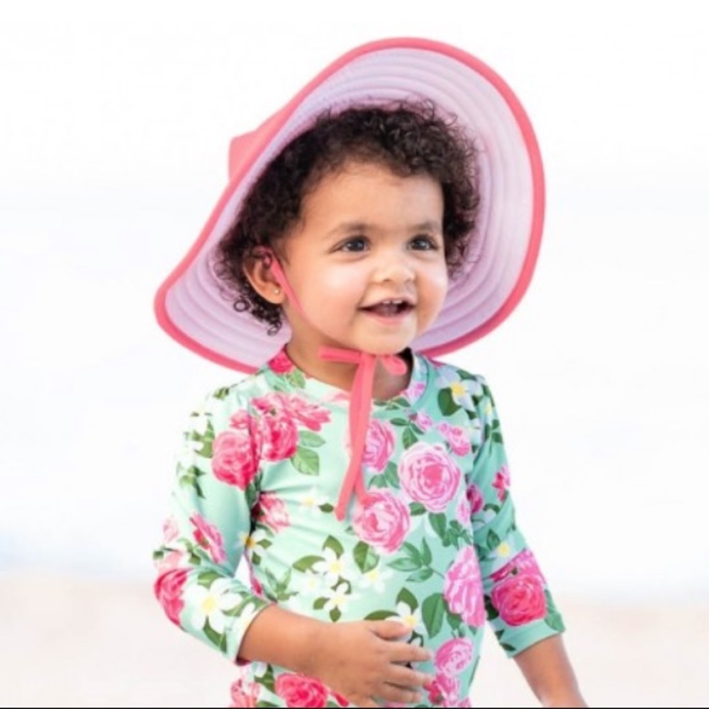 New Ruffle Butts Rose pink UPF 50 beach swim hat Size 0-12 months